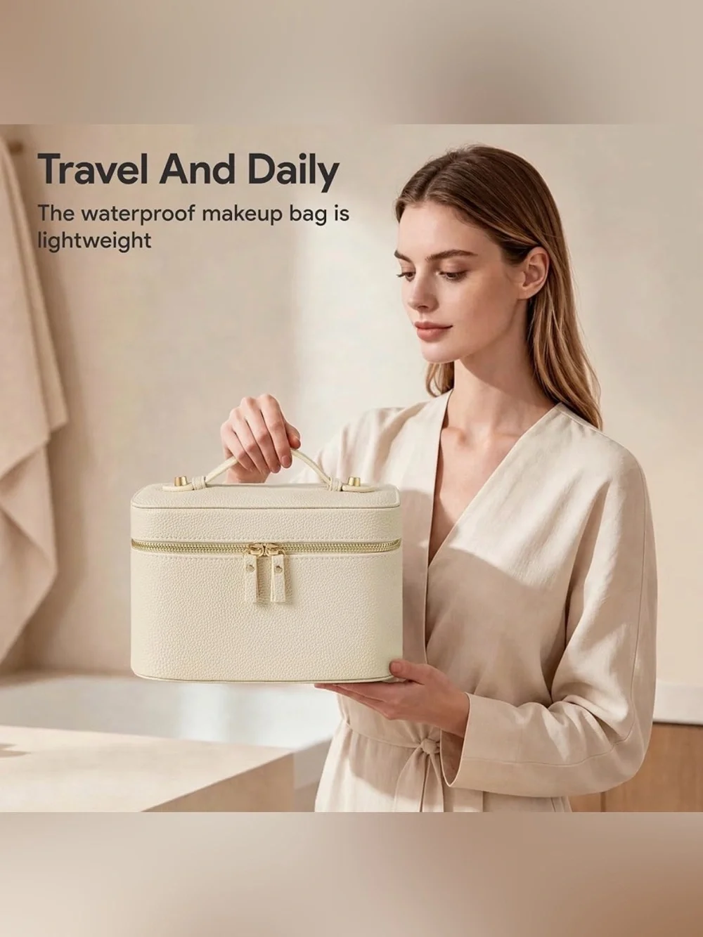 Travel Makeup Case - Compact Cosmetic Organizer - Cream